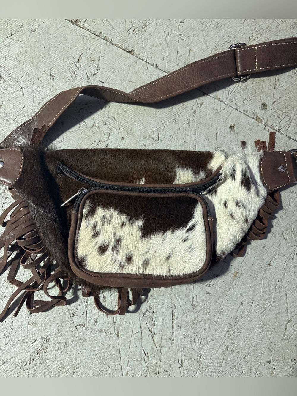 Cowhide Fringe Leather Waist Bag - Brown & White
